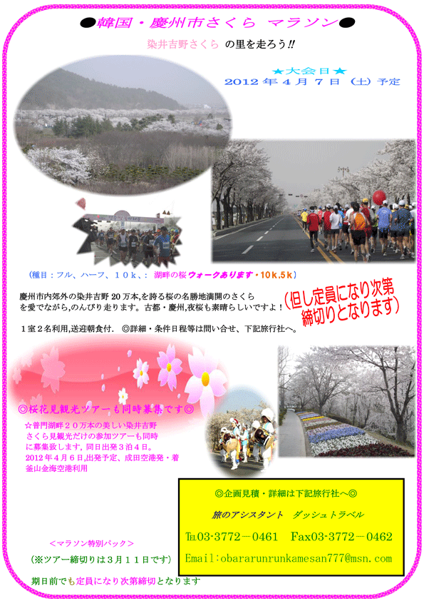 慶州さくらマラソン 2012年4月7日開催予定！！染井吉野さくらの里を走ろう！！